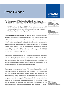The Samba School Vila Isabel and BASF Join Forces to in Brazil: Offset Carbon Emissions Generated During Carnival Parade Vladimir M