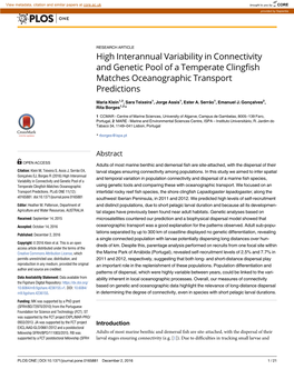 High Interannual Variability in Connectivity and Genetic Pool of a Temperate Clingfish Matches Oceanographic Transport Predictions