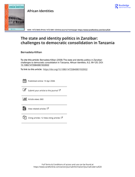 The State and Identity Politics in Zanzibar: Challenges to Democratic Consolidation in Tanzania