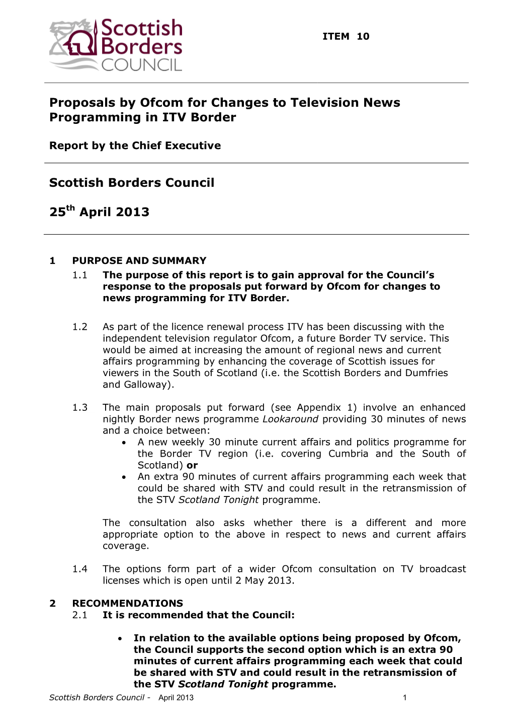 Proposals by Ofcom for Changes to Television News Programming in ITV Border