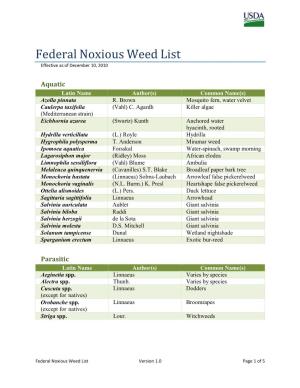 Federal Noxious Weed List Effective As of December 10, 2010