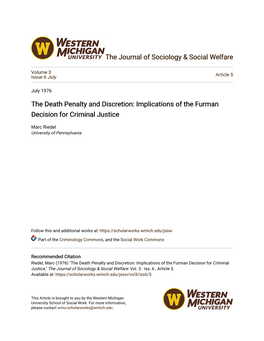 The Death Penalty and Discretion: Implications of the Furman Decision for Criminal Justice
