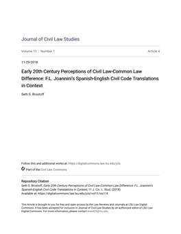 Early 20Th Century Perceptions of Civil Law-Common Law Difference: F.L. Joannini's Spanish-English Civil Code Translations In