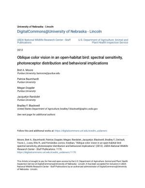 Oblique Color Vision in an Open-Habitat Bird: Spectral Sensitivity, Photoreceptor Distribution and Behavioral Implications