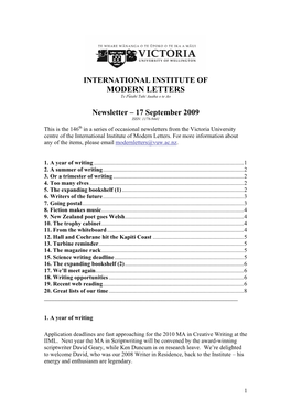 Newsletter – 17 September 2009 ISSN: 1178-9441