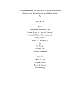 Conscientiousness and Grit Associated with Depressive Symptoms: Phenotypic and Heritability Analyses of a Twin Sample by Joyce