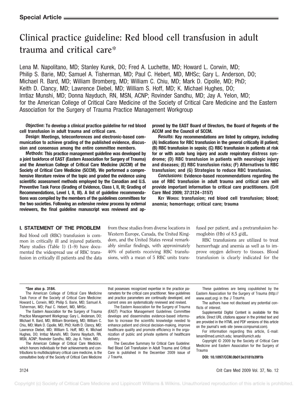 Clinical Practice Guideline: Red Blood Cell Transfusion In Adult Trauma ...