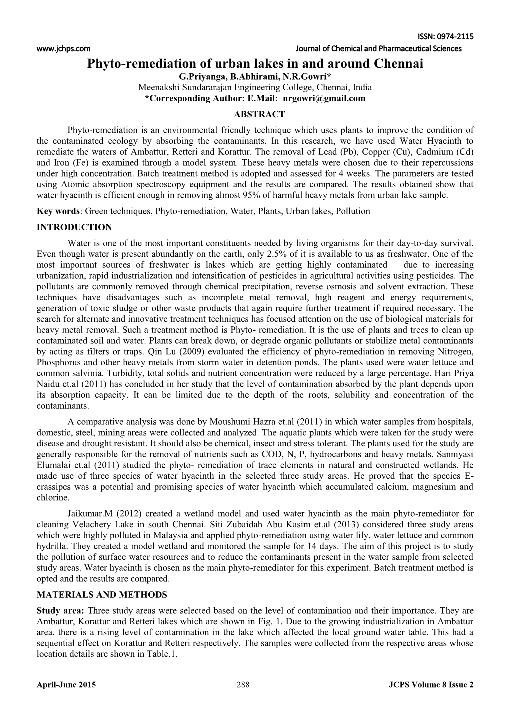 Phyto-Remediation of Urban Lakes in and Around Chennai