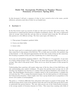 Asymptotic Problems in Number Theory Summary of Lectures- Spring 2015