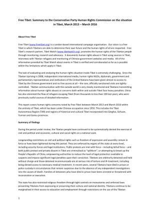 Summary to the Conservative Party Human Rights Commission on the Situation in Tibet, March 2013 – March 2016
