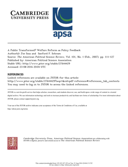 Welfare Reform As Policy Feedback Author(S): Joe Soss and Sanford F