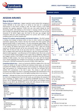 AEGEAN AIRLINES Recommendation BUY Target Price €8.20 Stay on Board Prior Target Price €8.00