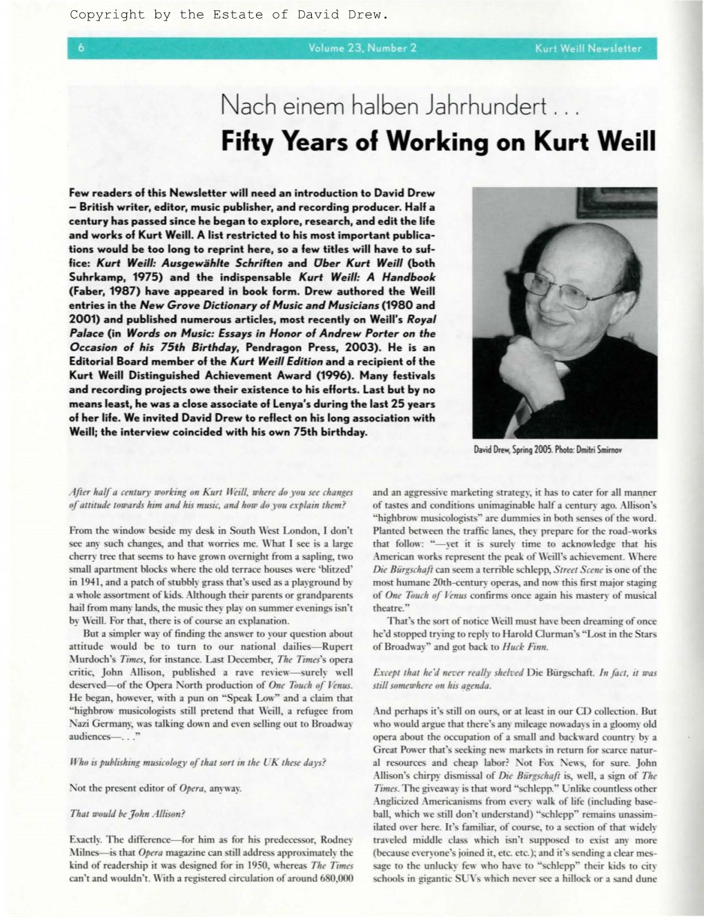 Fifty Years of Working on Kurt Weill