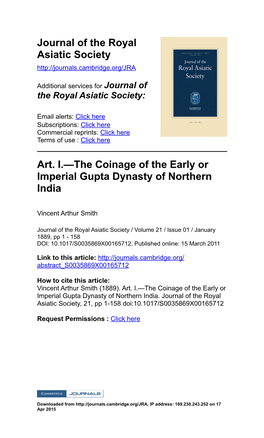 Journal of the Royal Asiatic Society Art. I.—The Coinage of the Early Or