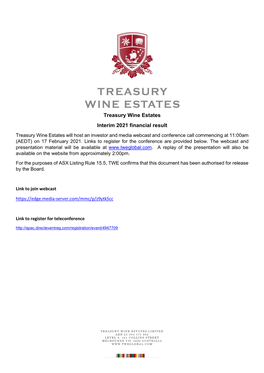 Treasury Wine Estates Interim 2021 Financial Result