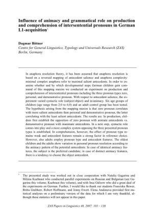 Influence of Animacy and Grammatical Role on Production and Comprehension of Intersentential Pronouns in German L1-Acquisition1