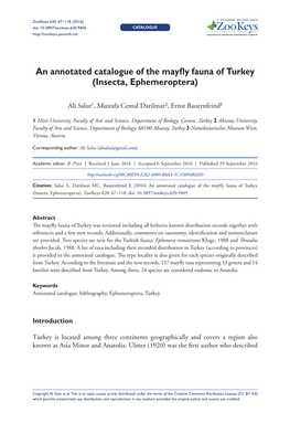 An Annotated Catalogue of the Mayfly Fauna of Turkey (Insecta, Ephemeroptera)