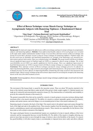 Effect of Bowen Technique Versus Muscle Energy Technique on Asymptomatic Subjects with Hamstring Tightness: a Randomized Clinica