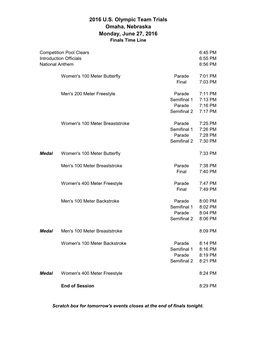 2016 U.S. Olympic Team Trials Omaha, Nebraska Monday, June 27, 2016 Finals Time Line