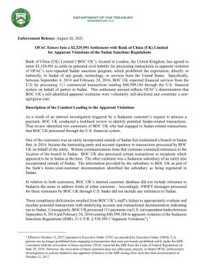 Bank of China (UK) Limited for Apparent Violations of the Sudan Sanctions Regulations