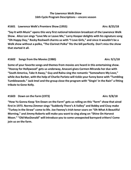 The Lawrence Welk Show 16Th Cycle Program Descriptions – Encore Season