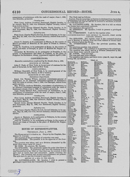 CONGRESSIONAL RECORD-HOUSE. Jun-E 4, Commissary of Subsistence with the Rank of Major, June 1, 1896, the Clerk Read As Follows: Vice Elderkin, Promoted