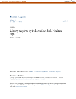 Mastny Acquired by Indians; Davidiuk, Hodinka Sign Furman University