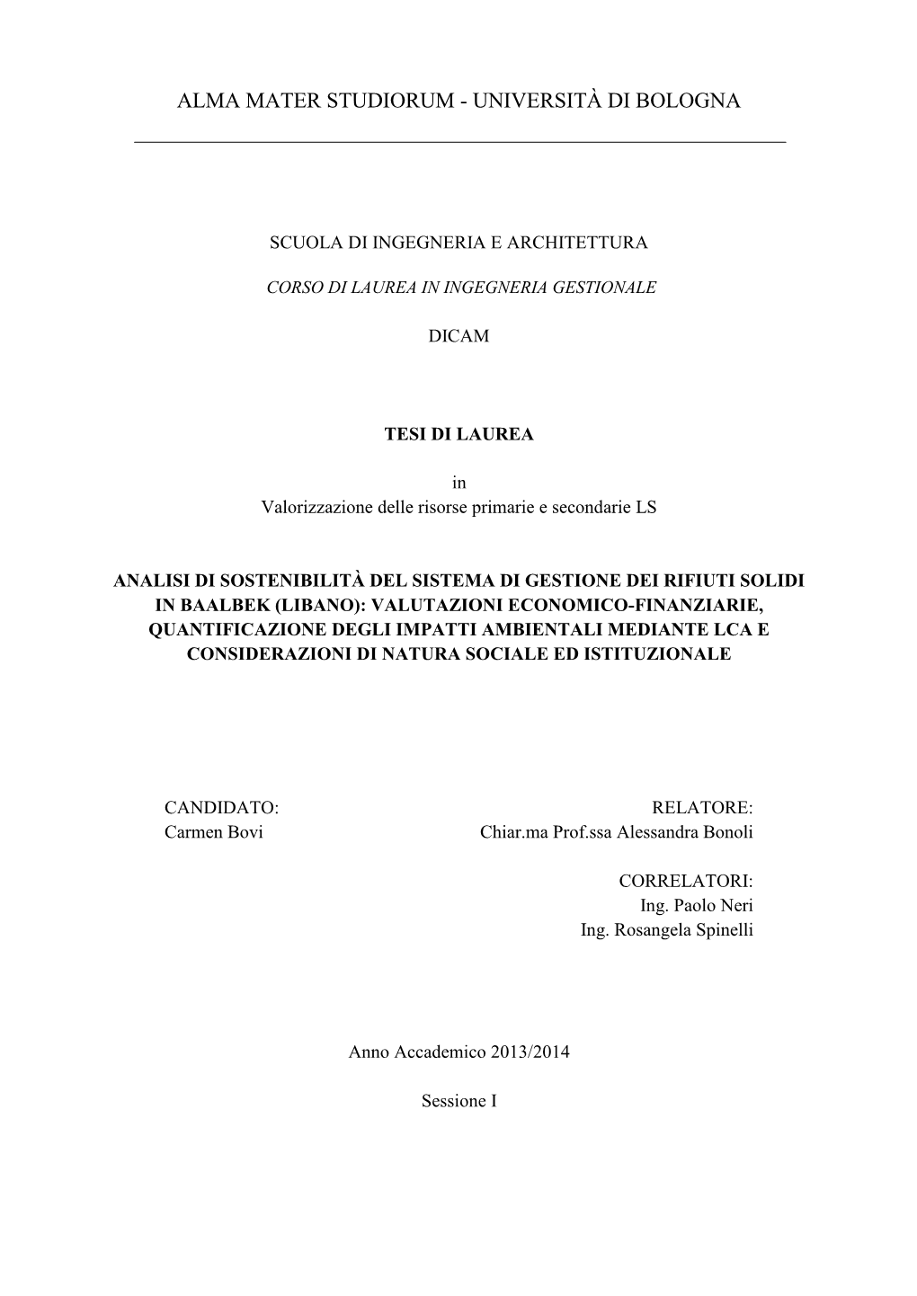 Analisi Di Sostenibilità Del Sistema Di Gestione Dei Rifiuti in Baalbek