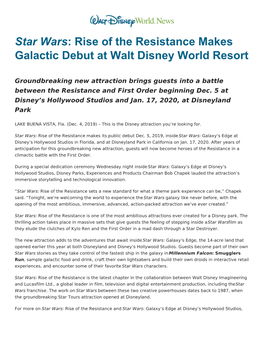 Star Wars: Rise of the Resistance Makes Galactic Debut at Walt Disney World Resort