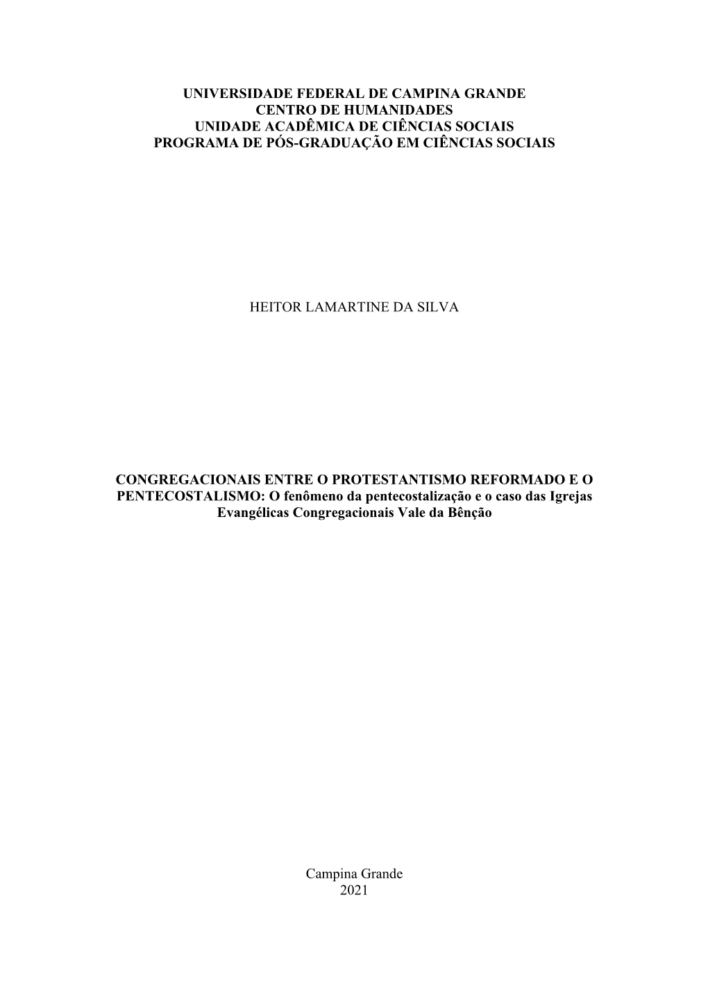 Universidade Federal De Campina Grande Centro De Humanidades Unidade Acadêmica De Ciências Sociais Programa De Pós-Graduação Em Ciências Sociais