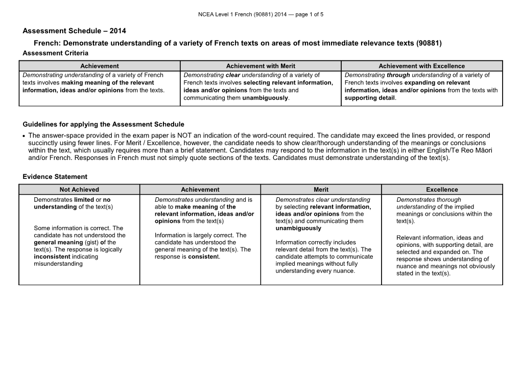 NCEA Level 1 French (90881) 2014 Assessment Schedule