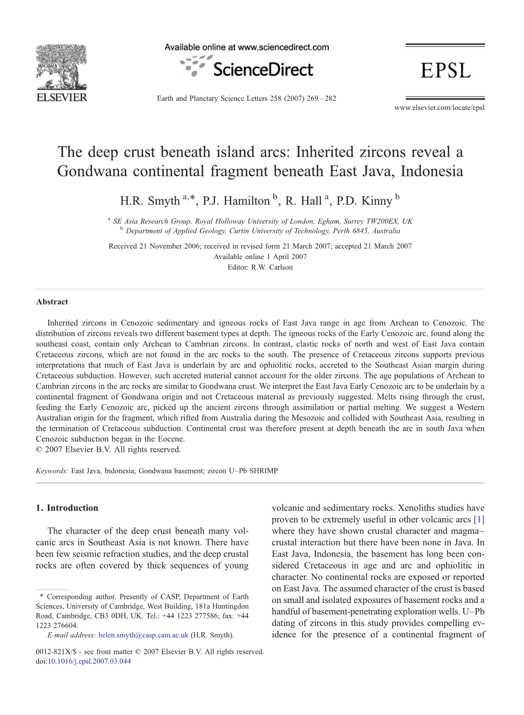 Inherited Zircons Reveal a Gondwana Continental Fragment Beneath East Java, Indonesia ⁎ H.R