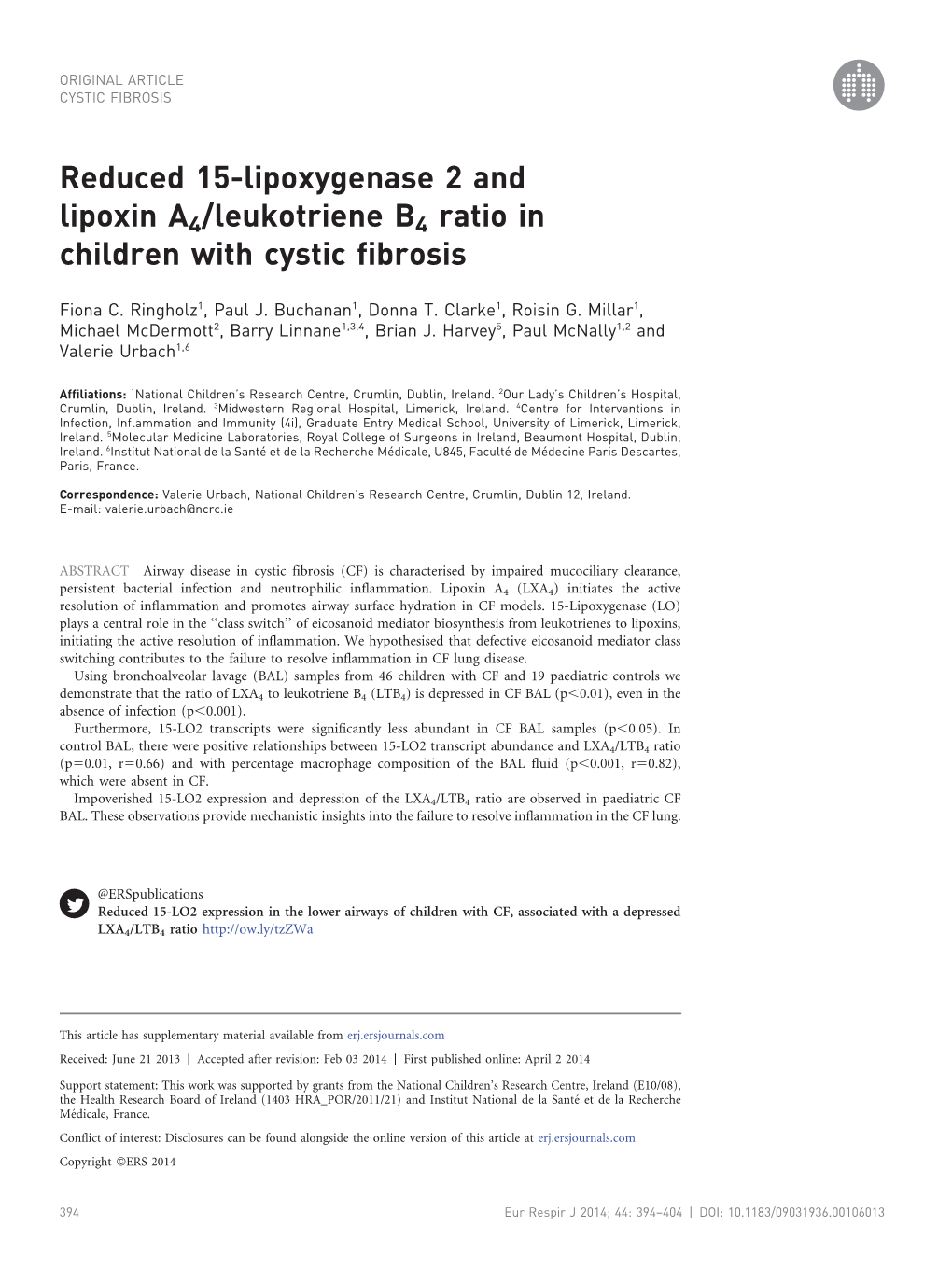 Reduced 15-Lipoxygenase 2 and Lipoxin A4/Leukotriene B4 Ratio in Children with Cystic Fibrosis