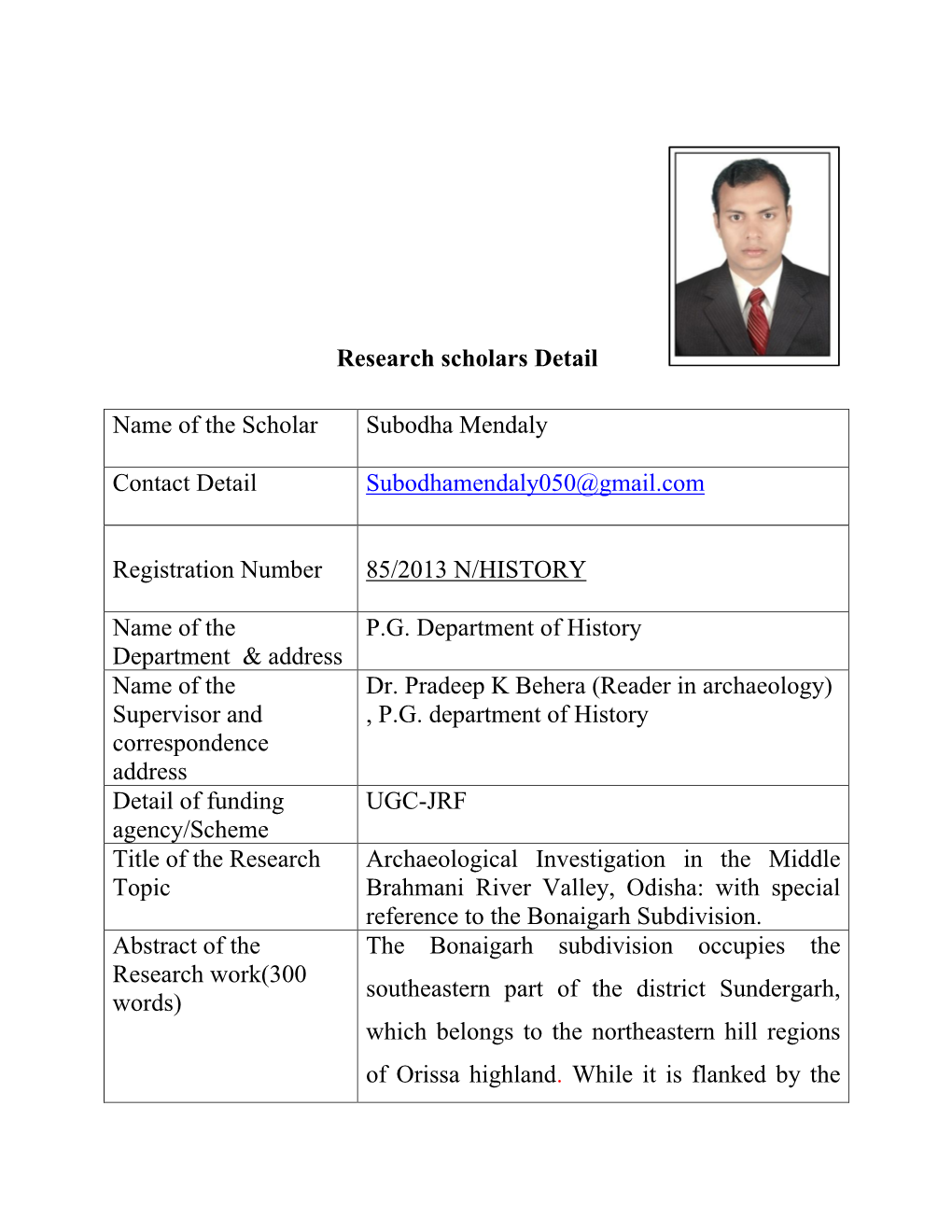 Research Scholars Detail Name of the Scholar Subodha Mendaly Contact Detail Subodhamendaly050@Gmail.Com Registration Number 85/2