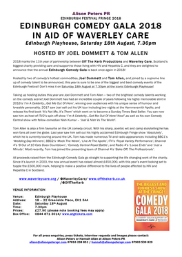 EDINBURGH COMEDY GALA 2018 in AID of WAVERLEY CARE Edinburgh Playhouse, Saturday 18Th August, 7.30Pm
