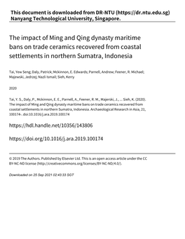 The Impact of Ming and Qing Dynasty Maritime Bans on Trade Ceramics Recovered from Coastal Settlements in Northern Sumatra, Indonesia