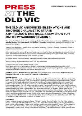 The Old Vic Announces Eileen Atkins and Timothée Chalamet to Star in Amy Herzog’S 4000 Miles, a New Show for Matthew Warchus’ Season 5