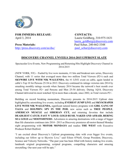 FOR IMMEDIA RELEASE: CONTACTS: April 3, 2014