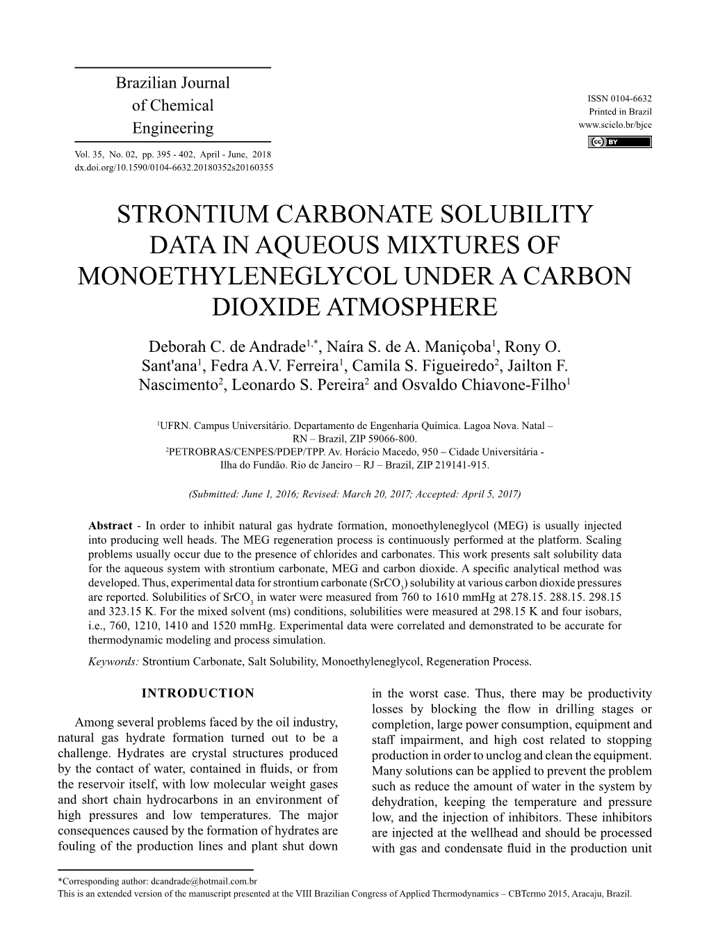 Strontium Carbonate Solubility Data in Aqueous Mixtures of Monoethyleneglycol Under a Carbon Dioxide Atmosphere