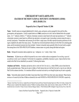 Checklist of Vascular Plants Craters of the Moon National Monument and Preserve (Crmo) Arco, Idaho, Usa