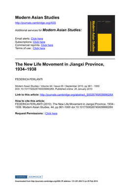 The New Life Movement in Jiangxi Province, 1934–1938