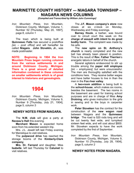 MARINETTE COUNTY HISTORY -– NIAGARA TOWNSHIP – NIAGARA NEWS COLUMNS [Compiled and Transcribed by William John Cummings]