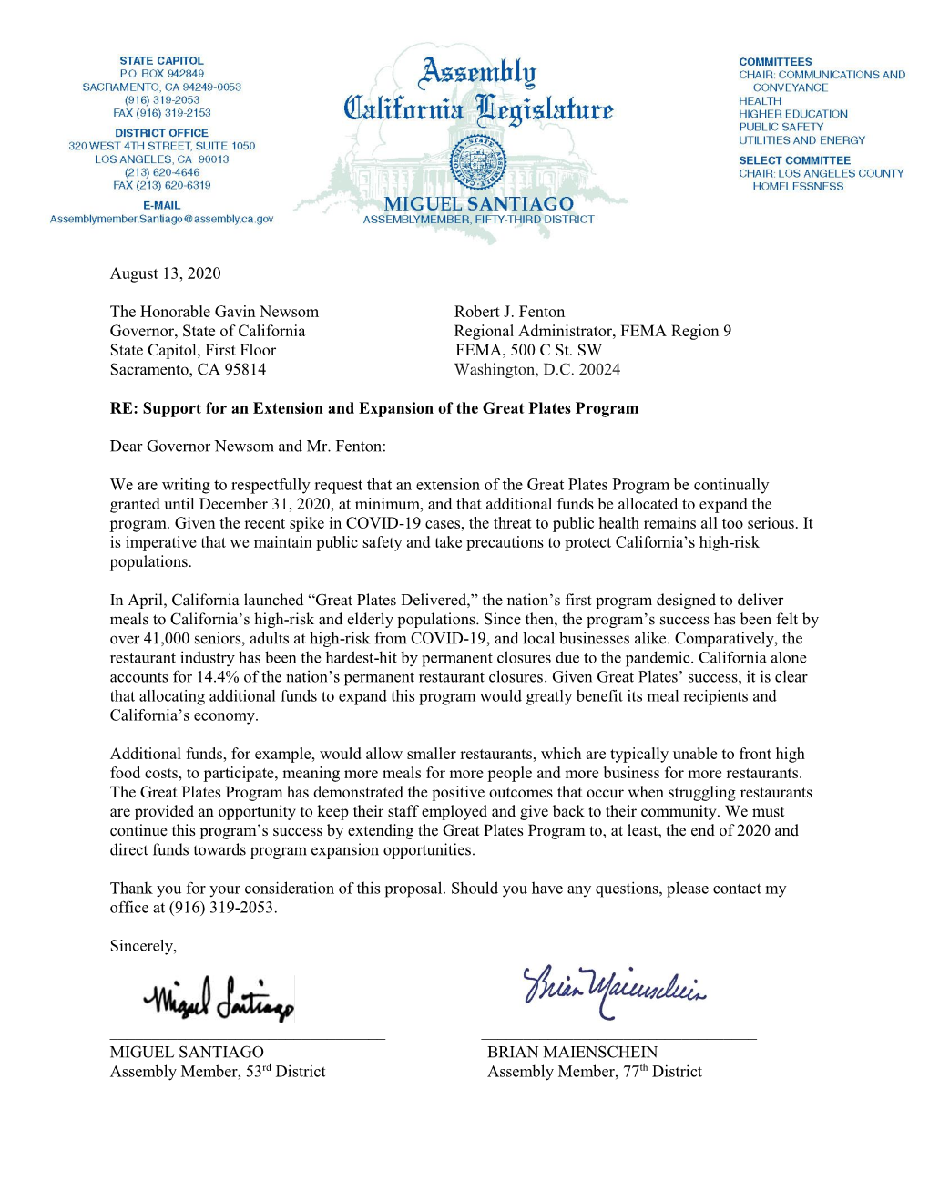 Letter to Governor Newsom and FEMA on Expansion Of