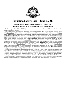 For Immediate Release – June 1, 2017