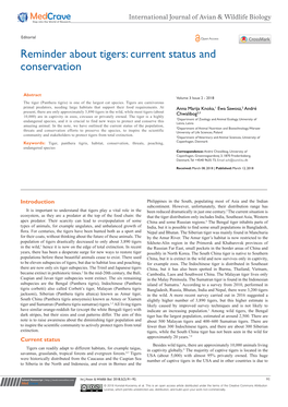 Reminder About Tigers: Current Status and Conservation