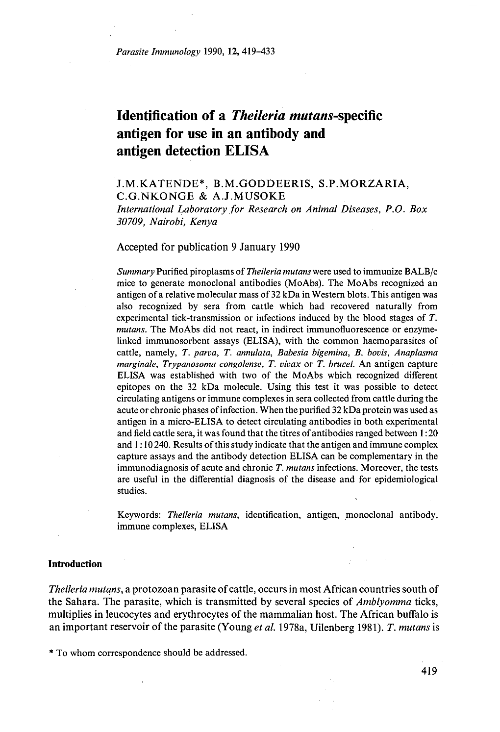 Identification of a Theileria Mutans-Specific Antigen for Use in an Antibody and Antigen Detection ELISA