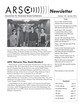 Newsletter Association for Recorded Sound Collections Number 132 • Summer 2013 Events July 12-14, 2013