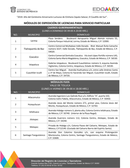 Módulos De Expedición De Licencias Para Servicio Particular Cajeros Gubernamentales (Lunes a Domingo De 09:00 a 20:00 Hrs.) No