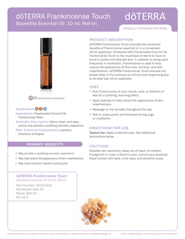 Dōterra Frankincense Touch Boswellia Essential Oil 10 Ml Roll-On PRODUCT INFORMATION PAGE