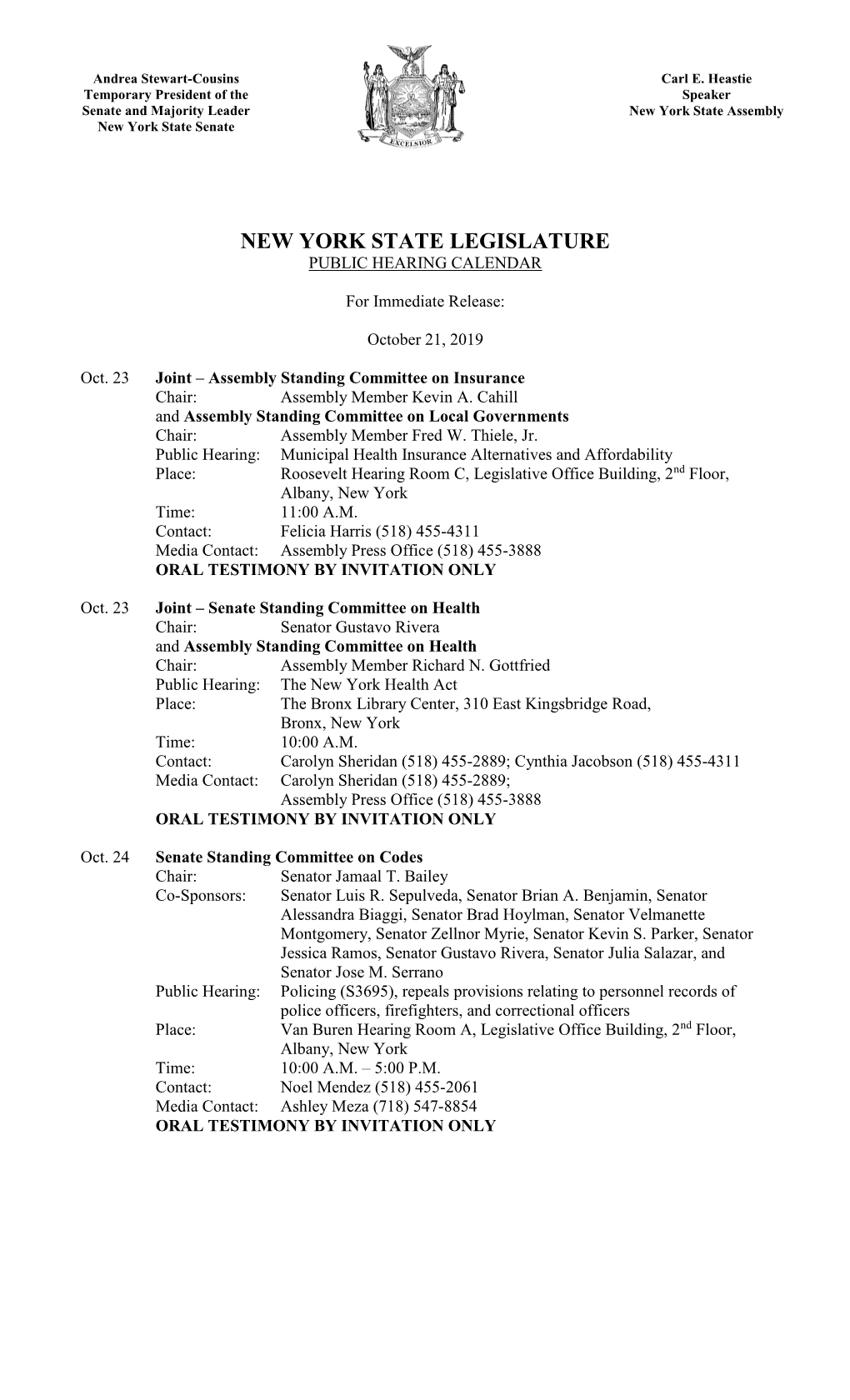 New York State Legislature Public Hearing Calendar